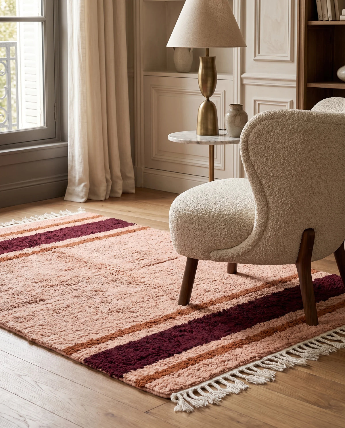 Burgundy, Terracotta and Blush Pink striped wool rug in a furnished room