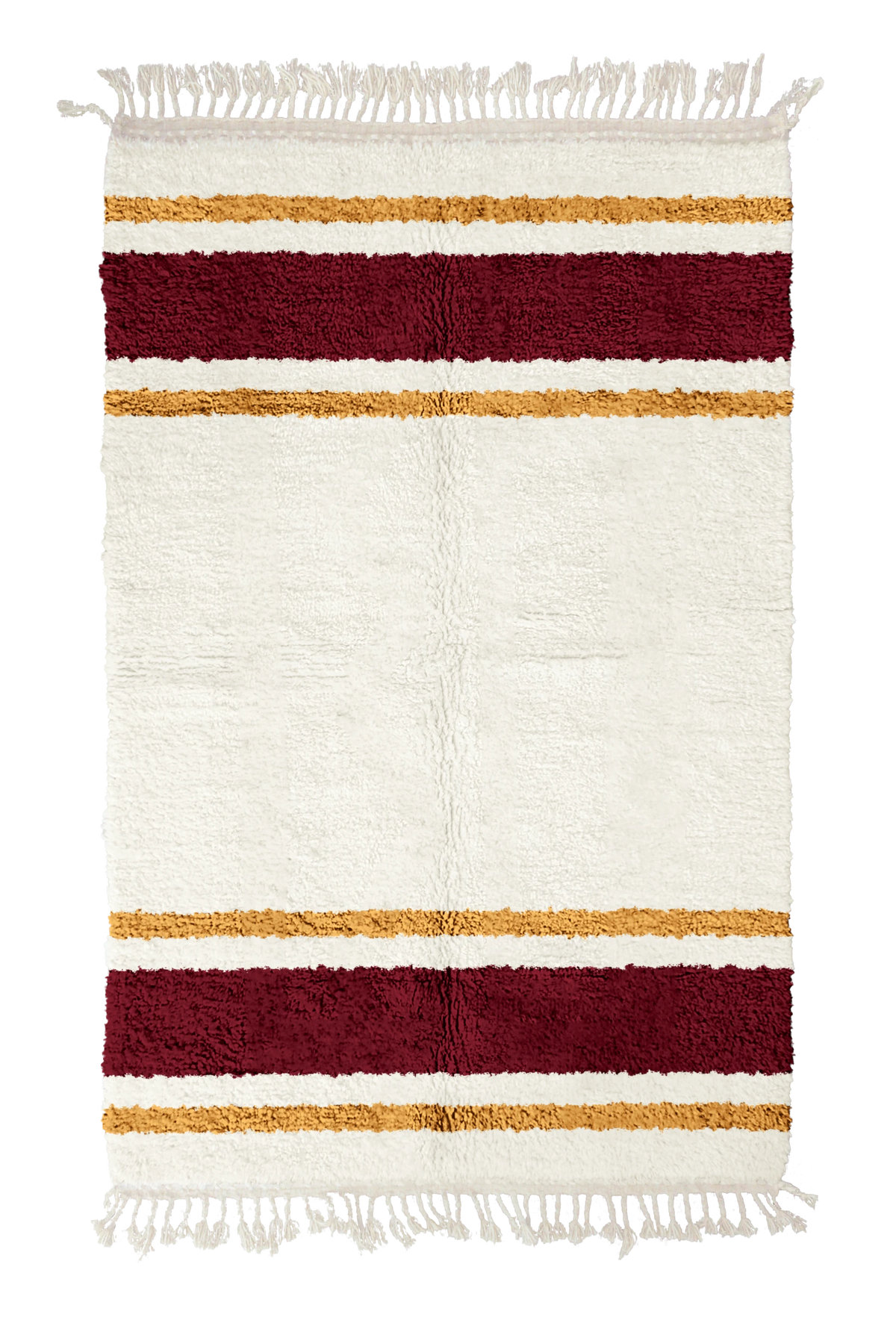 Panel Bands striped wool rug, burgundy bands and ochre yellow stripes on cream, full view