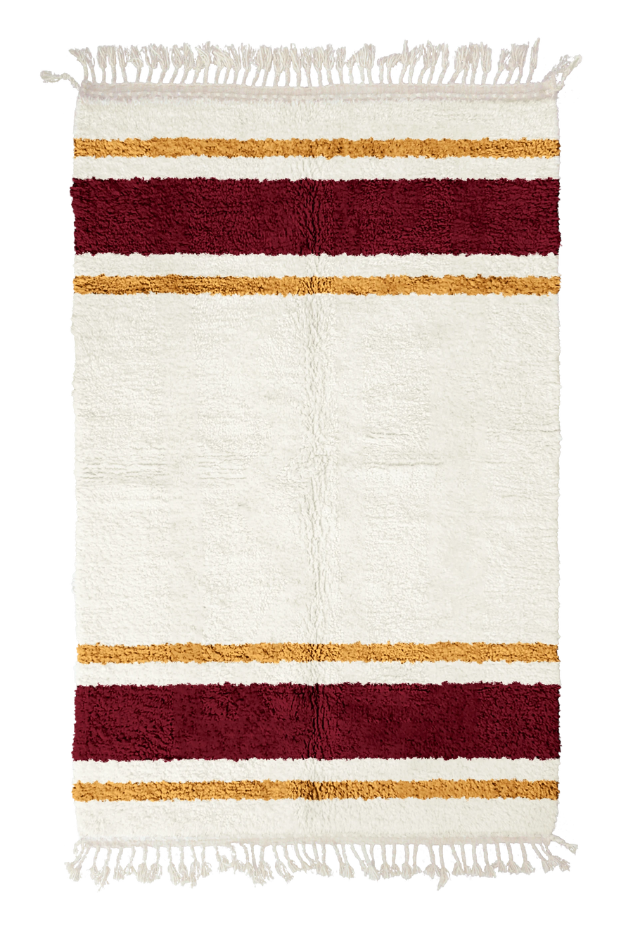 Panel Bands striped wool rug, burgundy bands and ochre yellow stripes on cream, full view
