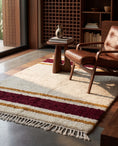 Load image into Gallery viewer, Burgundy, Ochre Yellow and Cream striped wool rug in a furnished room
