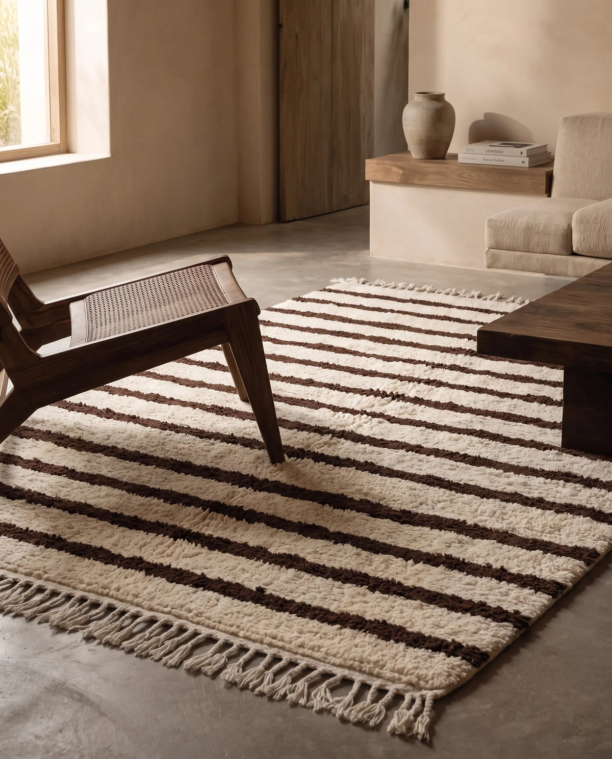 Brown and Cream striped wool rug in a furnished room