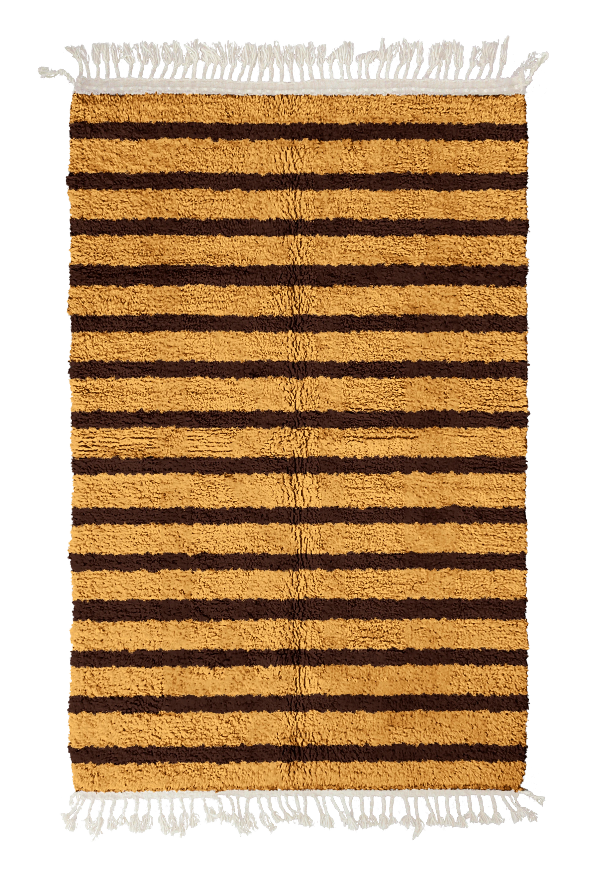 Fine Bands striped wool rug, dark brown bands on ochre yellow, full view