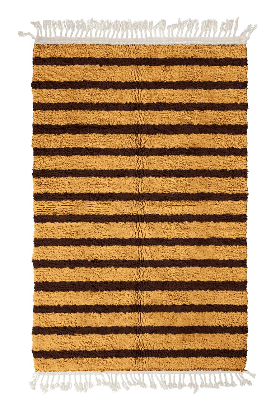 Fine Bands striped wool rug, dark brown bands on ochre yellow, full view