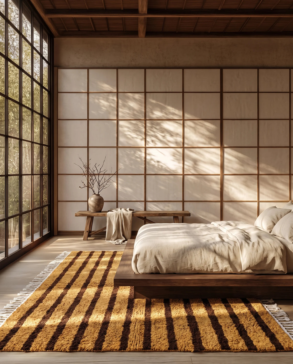 Brown and Ochre Yellow striped wool rug in a furnished room