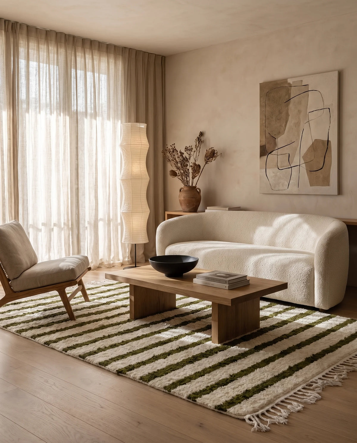 Olive Green and Cream striped wool rug in a furnished room