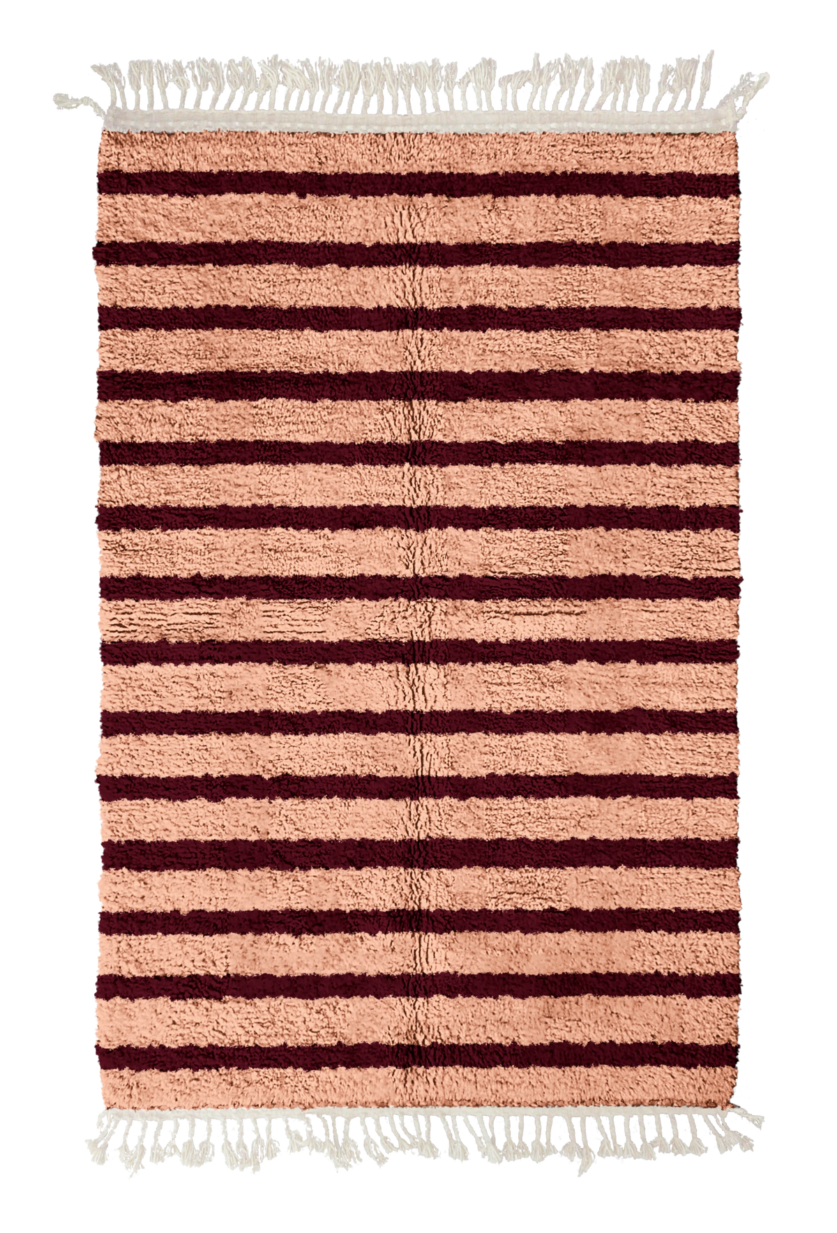 Fine Bands striped wool rug, oxblood red bands on blush pink, full view
