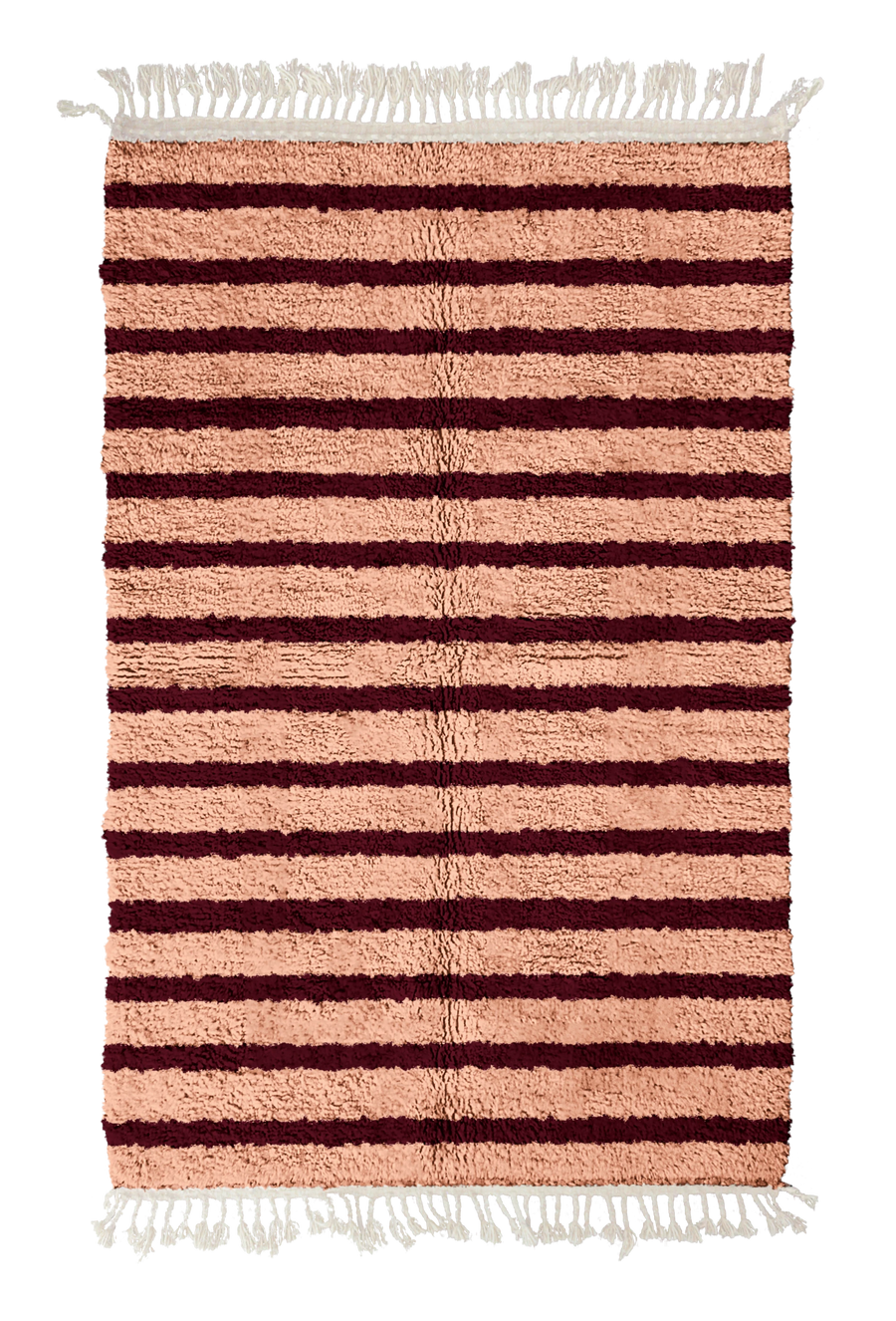 Fine Bands striped wool rug, oxblood red bands on blush pink, full view