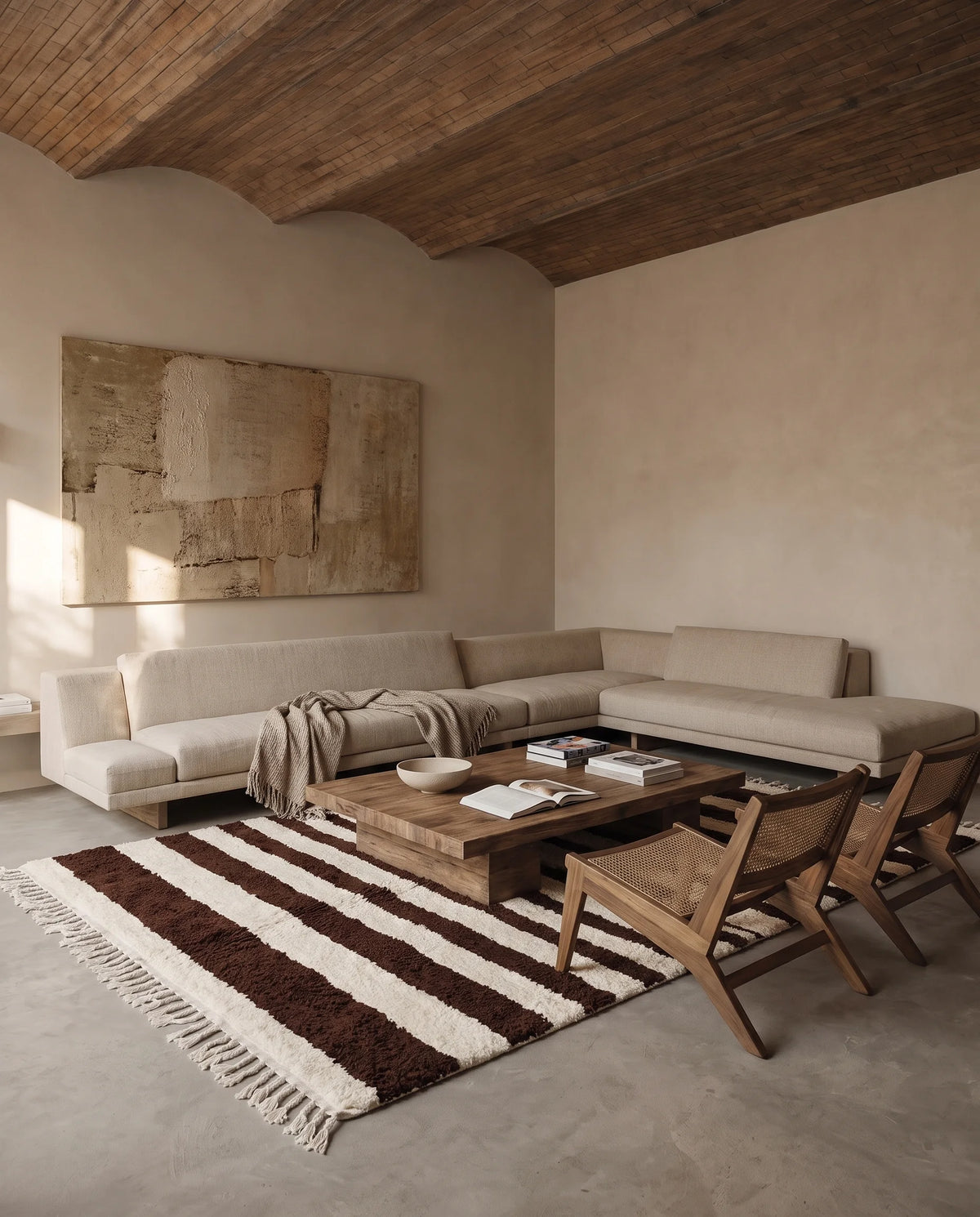 Brown and Cream striped wool rug in a furnished room