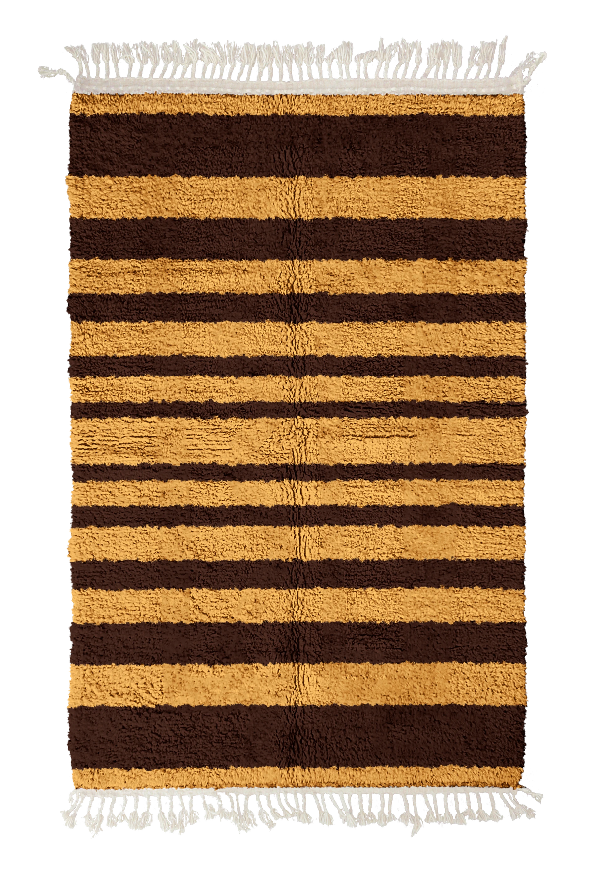 Graded Bands striped wool rug, dark brown bands on ochre yellow, full view