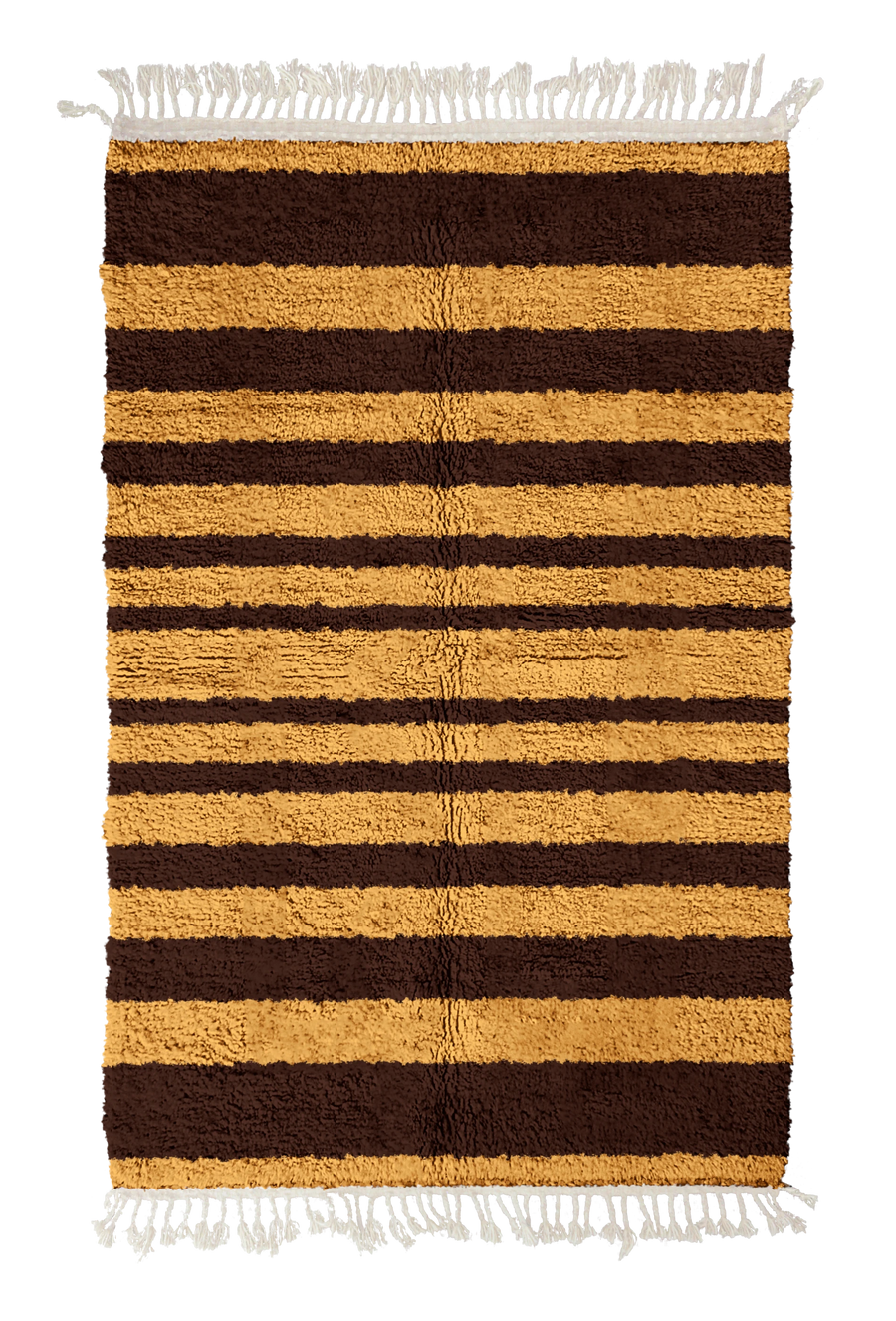 Graded Bands striped wool rug, dark brown bands on ochre yellow, full view