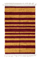 Graded Bands striped wool rug, ochre yellow bands on burgundy, full view