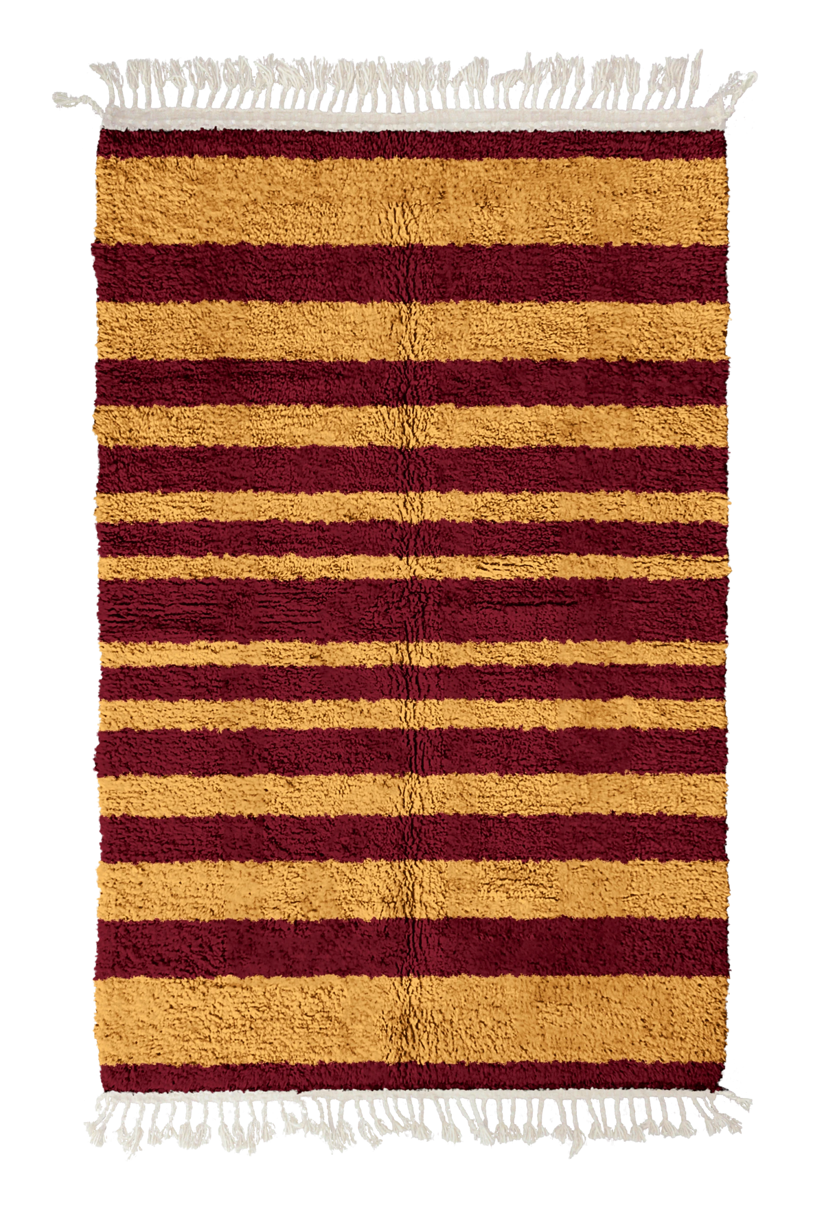 Graded Bands striped wool rug, ochre yellow bands on burgundy, full view