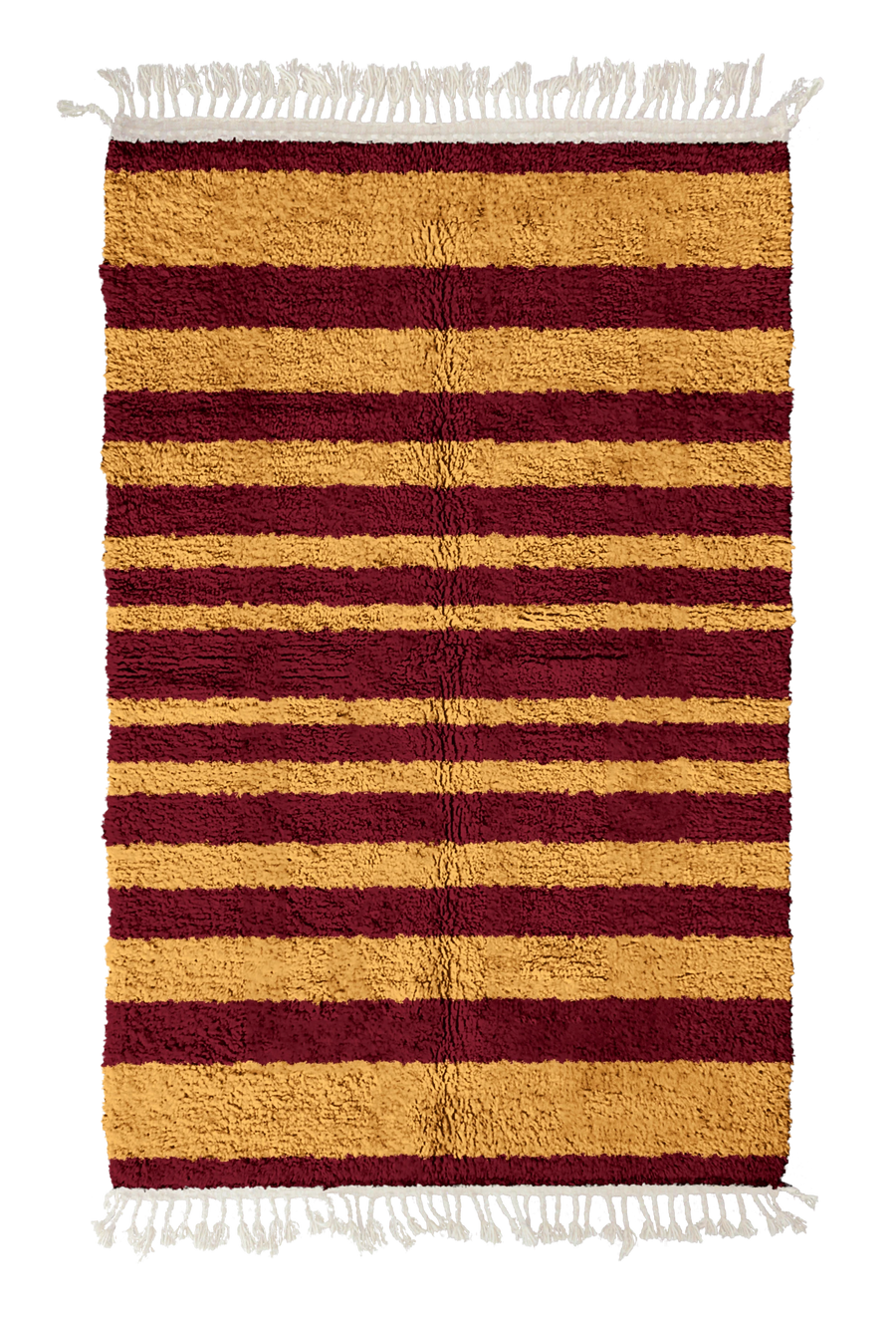 Graded Bands striped wool rug, ochre yellow bands on burgundy, full view
