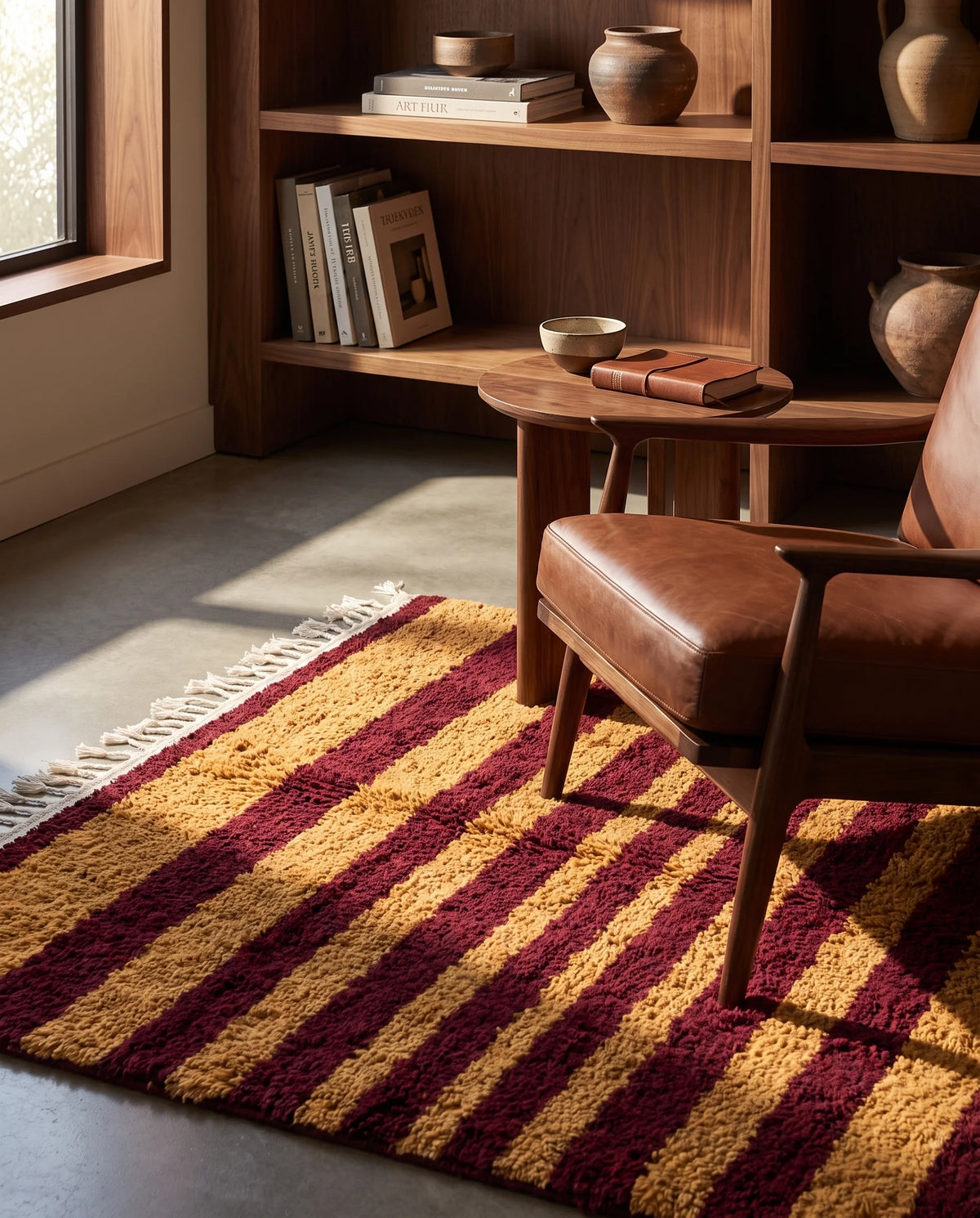 Ochre Yellow and Burgundy striped wool rug in a furnished room