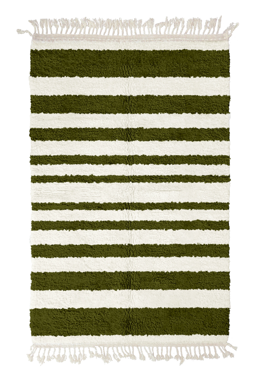 Graded Bands striped wool rug, olive green bands on cream, full view