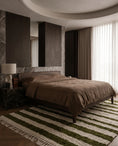 Load image into Gallery viewer, Olive Green and Cream striped wool rug in a furnished room
