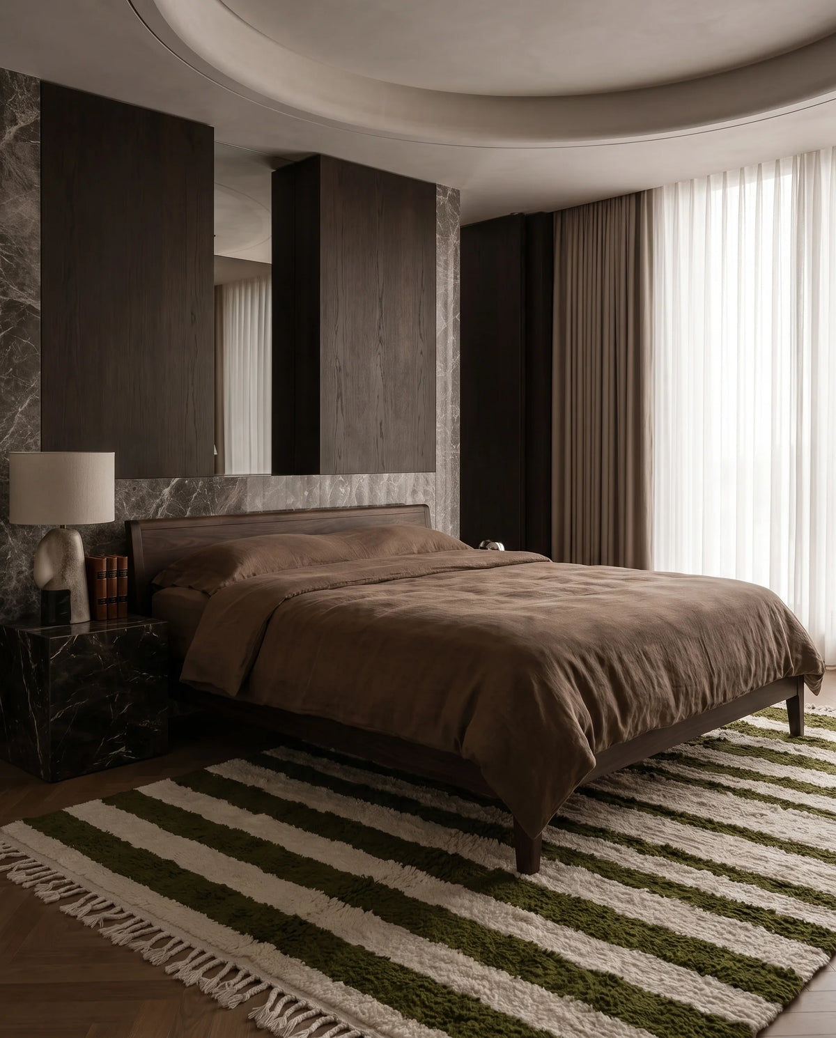 Olive Green and Cream striped wool rug in a furnished room