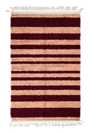 Graded Bands striped wool rug, oxblood red bands on blush pink, full view