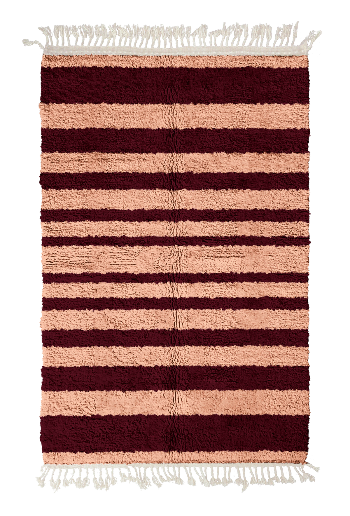 Graded Bands striped wool rug, oxblood red bands on blush pink, full view