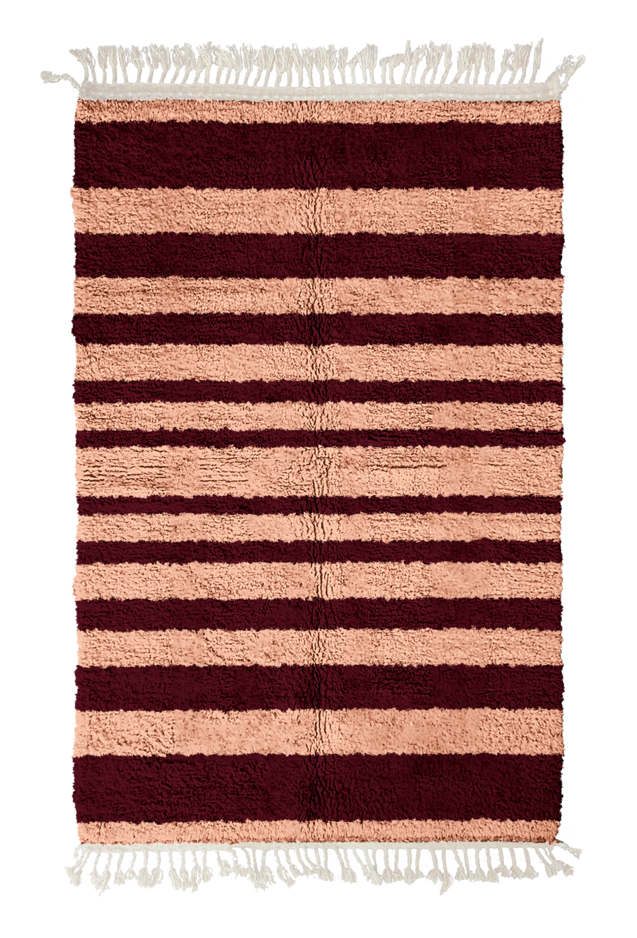 Graded Bands striped wool rug, oxblood red bands on blush pink, full view