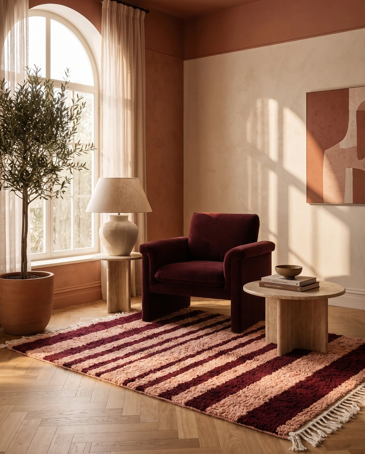 Burgundy and Blush Pink striped wool rug in a furnished room
