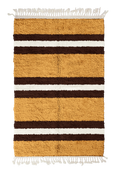 Load image into Gallery viewer, Trio Bands striped wool rug, dark brown bands and cream stripes on ochre yellow, full view
