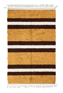 Trio Bands striped wool rug, dark brown bands and cream stripes on ochre yellow, full view