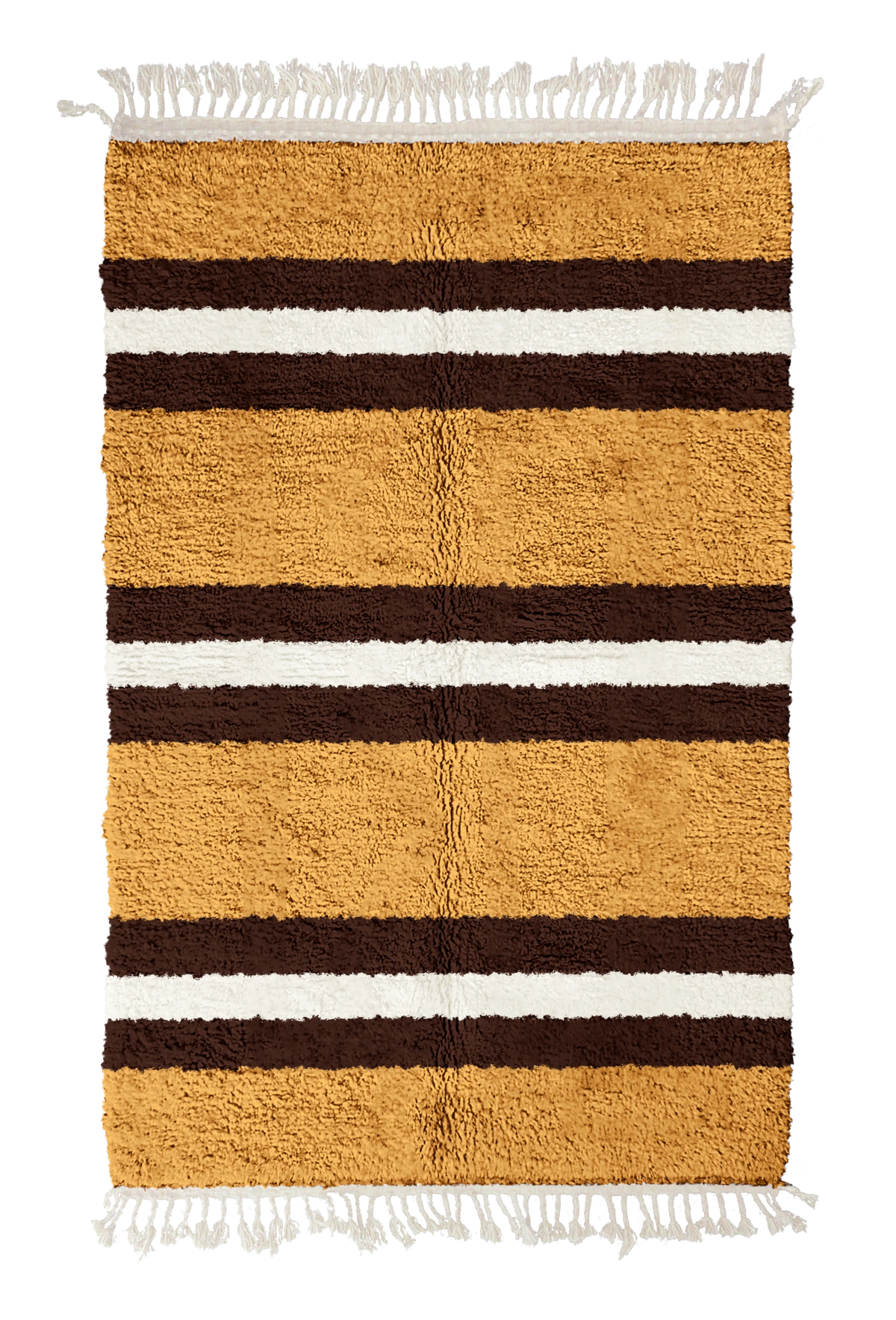 Trio Bands striped wool rug, dark brown bands and cream stripes on ochre yellow, full view