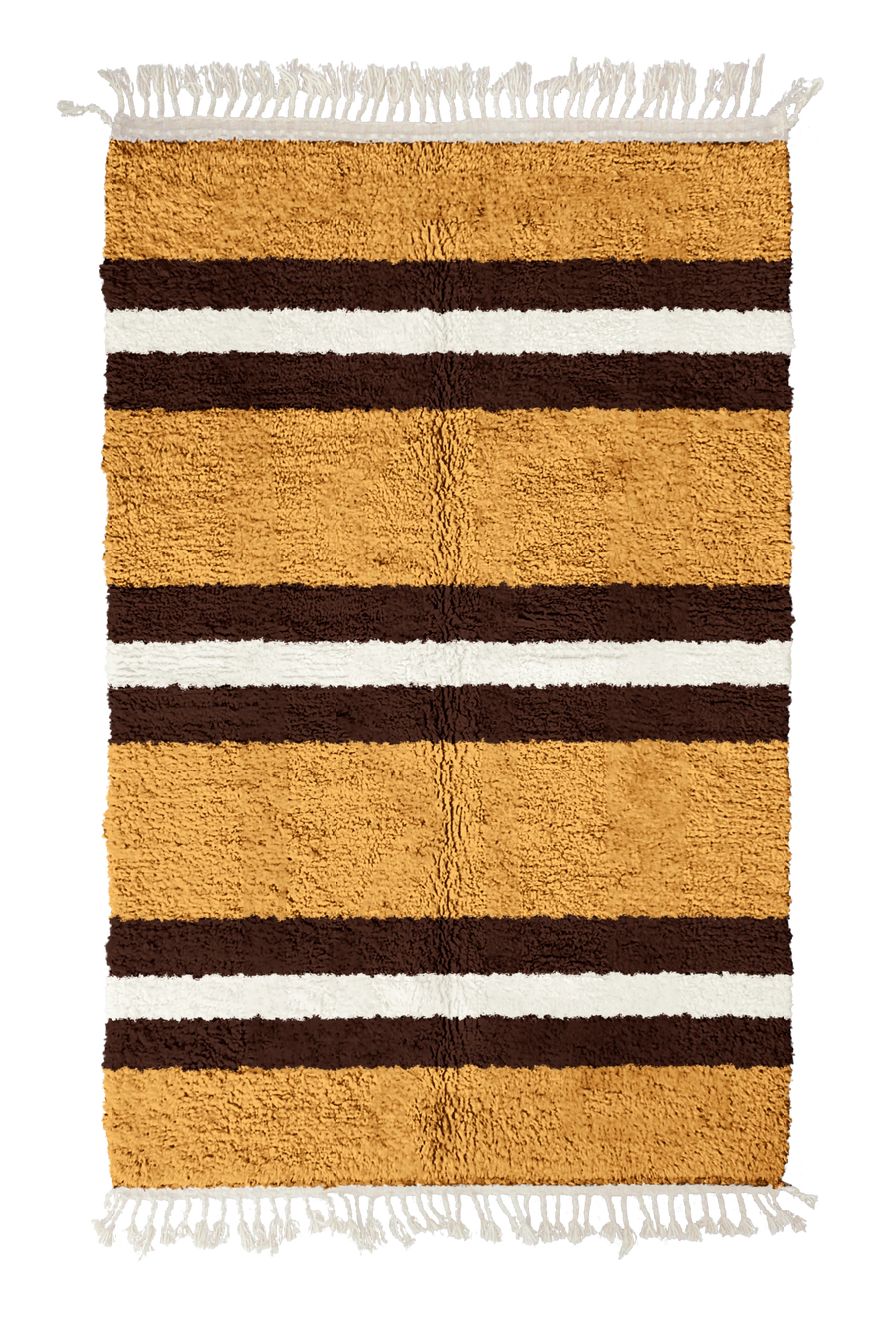 Trio Bands striped wool rug, dark brown bands and cream stripes on ochre yellow, full view