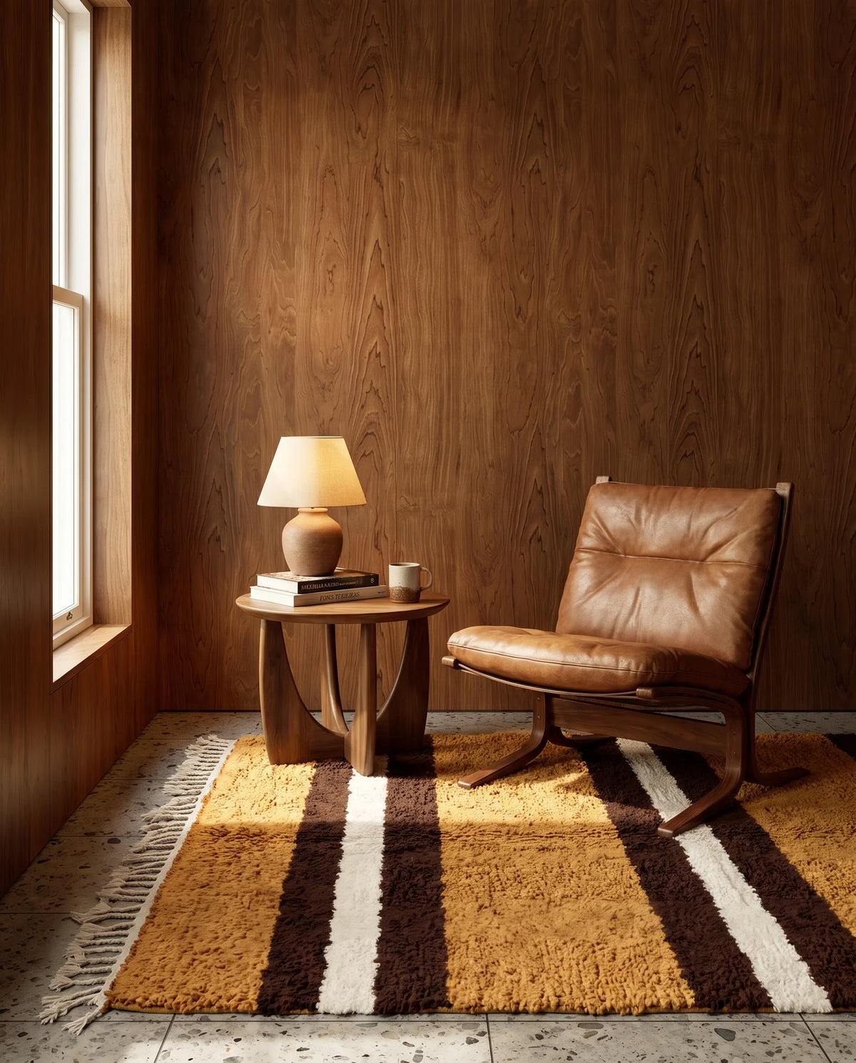 Brown, Cream and Ochre Yellow striped wool rug in a furnished room