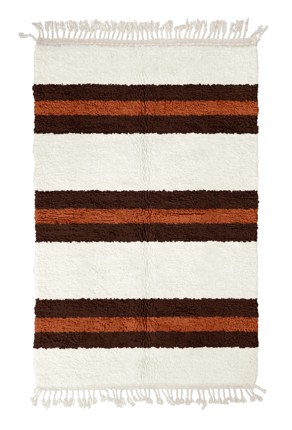 Trio Bands striped wool rug, dark brown bands and terracotta stripes on cream, full view