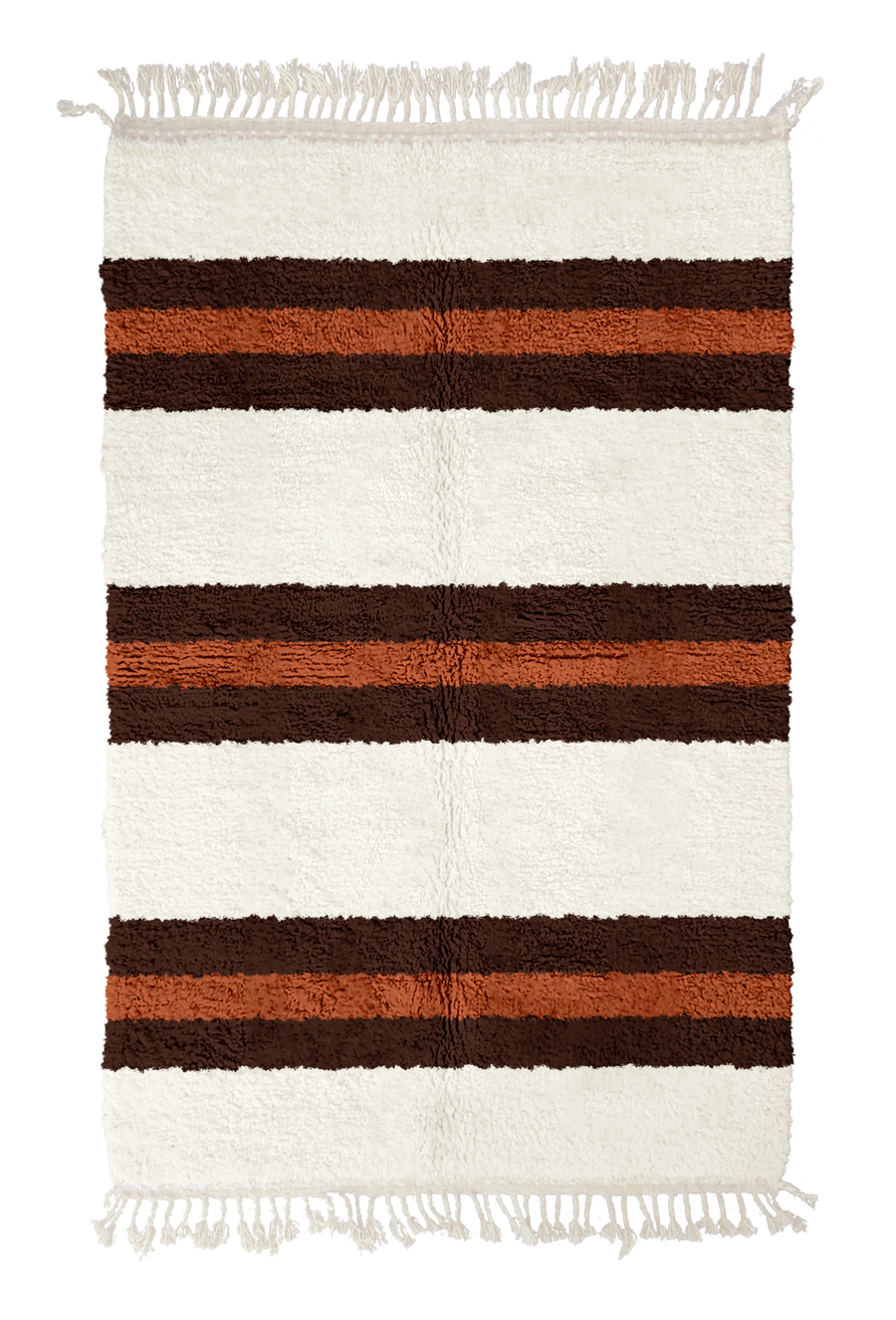 Trio Bands striped wool rug, dark brown bands and terracotta stripes on cream, full view