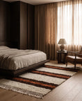 Load image into Gallery viewer, Brown, Terracotta and Cream striped wool rug in a furnished room
