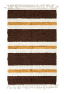 Trio Bands striped wool rug, cream bands and ochre yellow stripes on dark espresso brown, full view