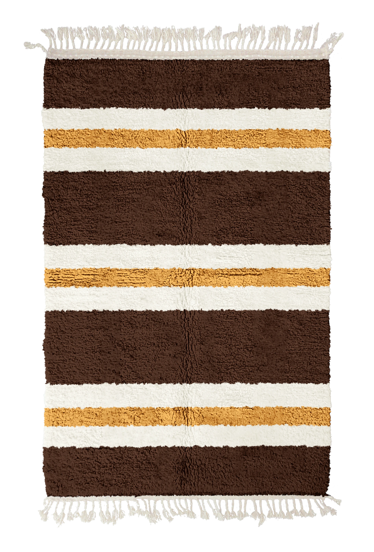 Trio Bands striped wool rug, cream bands and ochre yellow stripes on dark espresso brown, full view