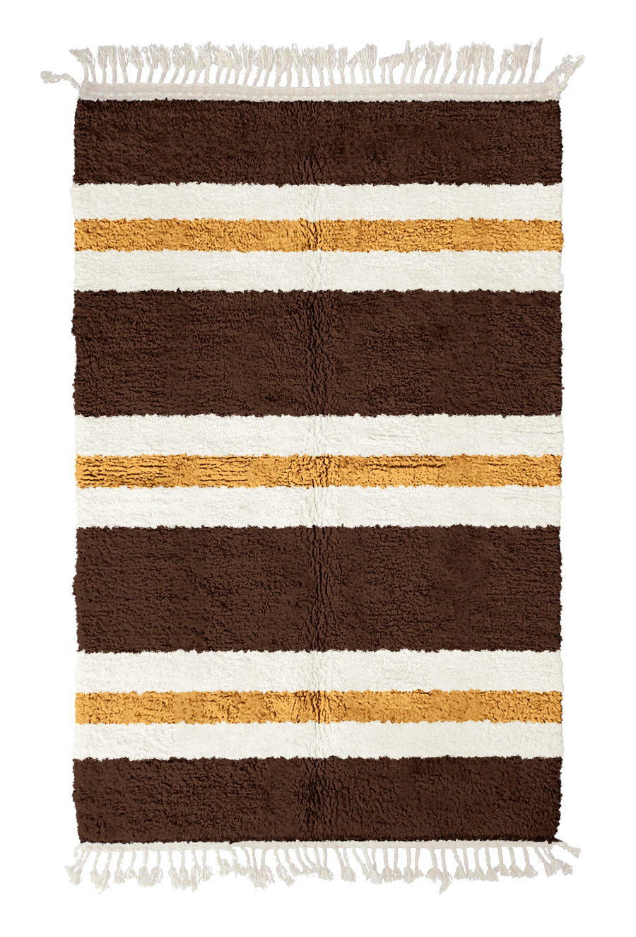 Trio Bands striped wool rug, cream bands and ochre yellow stripes on dark espresso brown, full view