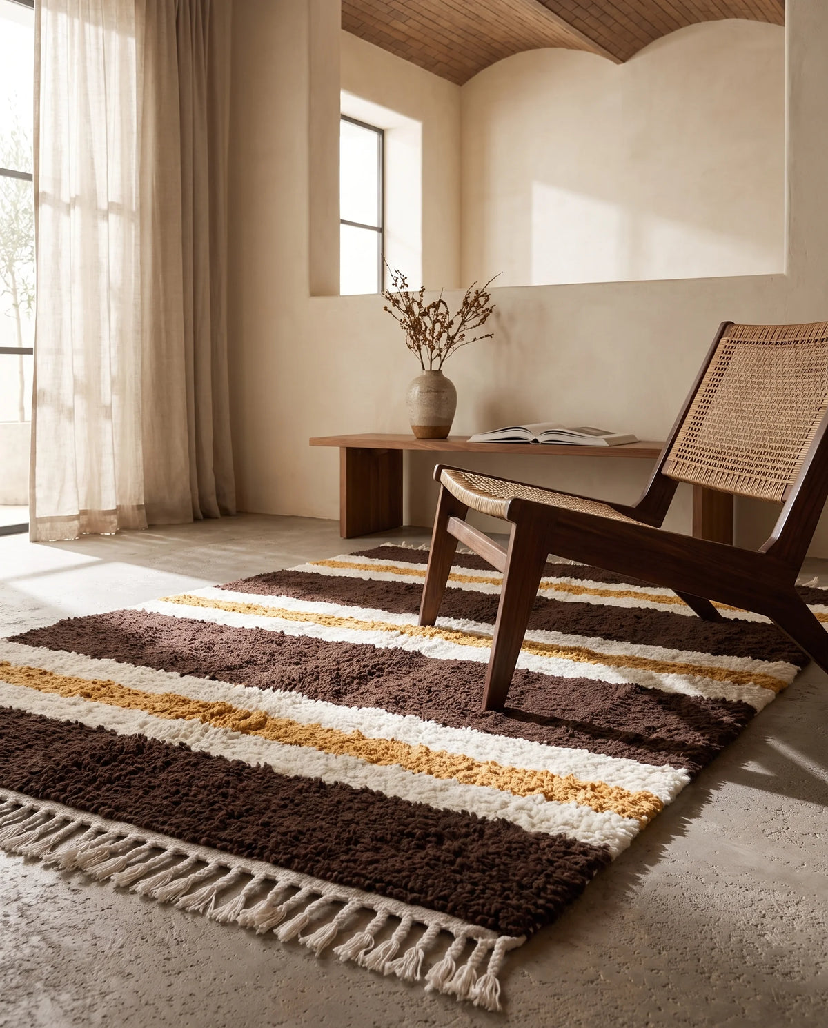 Cream, Ochre Yellow and Dark Brown striped wool rug in a furnished room