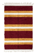 Trio Bands striped wool rug, ochre yellow bands and cream stripes on burgundy, full view