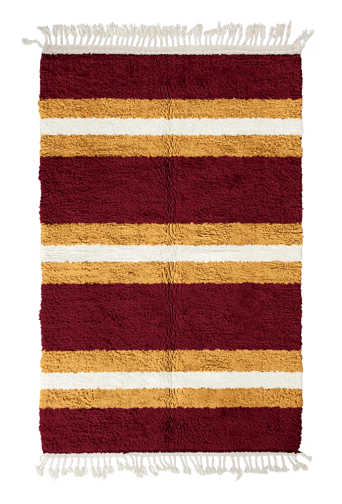 Trio Bands striped wool rug, ochre yellow bands and cream stripes on burgundy, full view