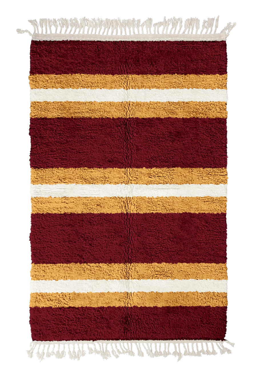 Trio Bands striped wool rug, ochre yellow bands and cream stripes on burgundy, full view