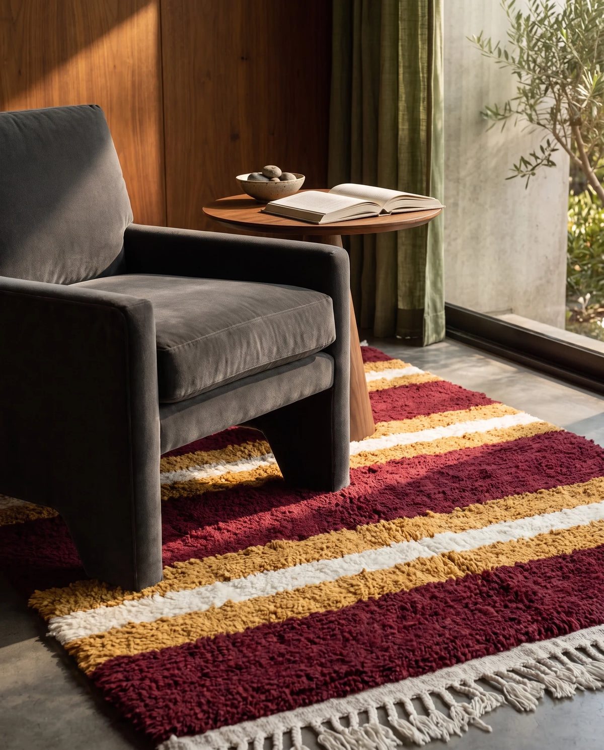 Ochre Yellow, Cream and Burgundy striped wool rug in a furnished room