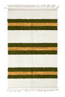 Trio Bands striped wool rug, olive green bands and ochre yellow stripes on cream, full view
