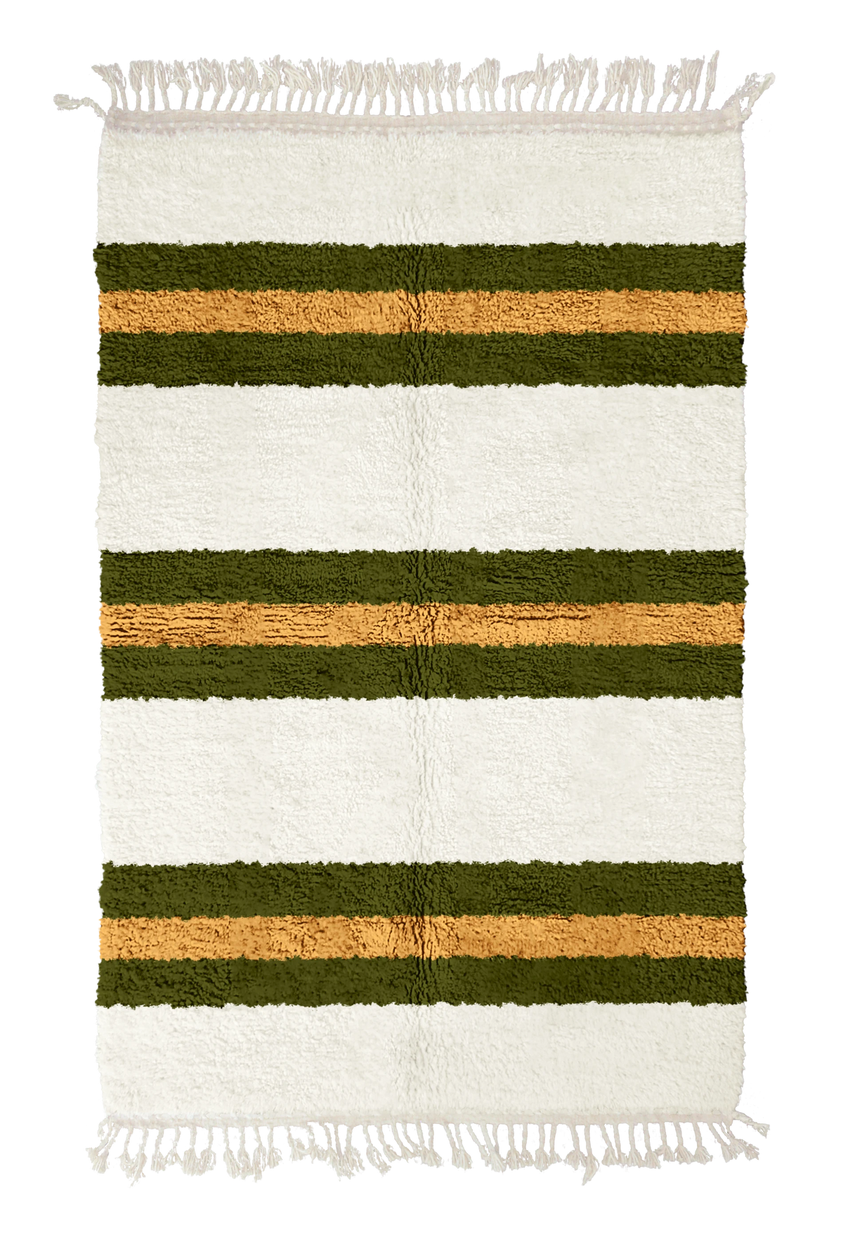 Trio Bands striped wool rug, olive green bands and ochre yellow stripes on cream, full view