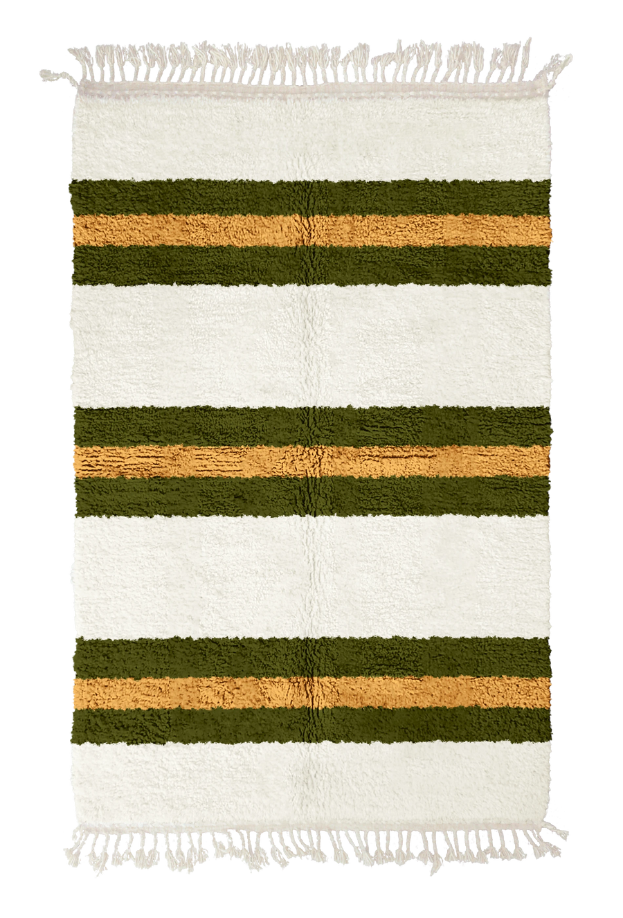 Trio Bands striped wool rug, olive green bands and ochre yellow stripes on cream, full view