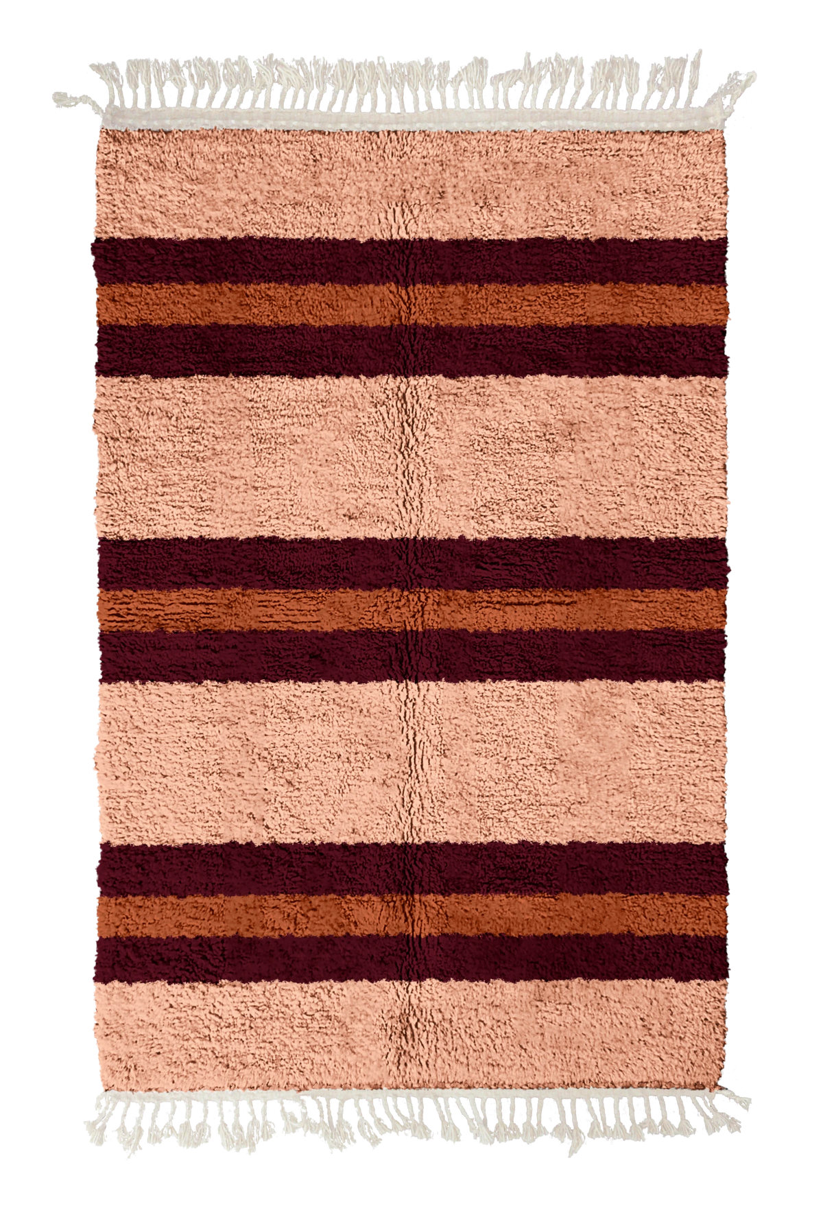 Trio Bands striped wool rug, oxblood red bands and terracotta stripes on blush pink, full view