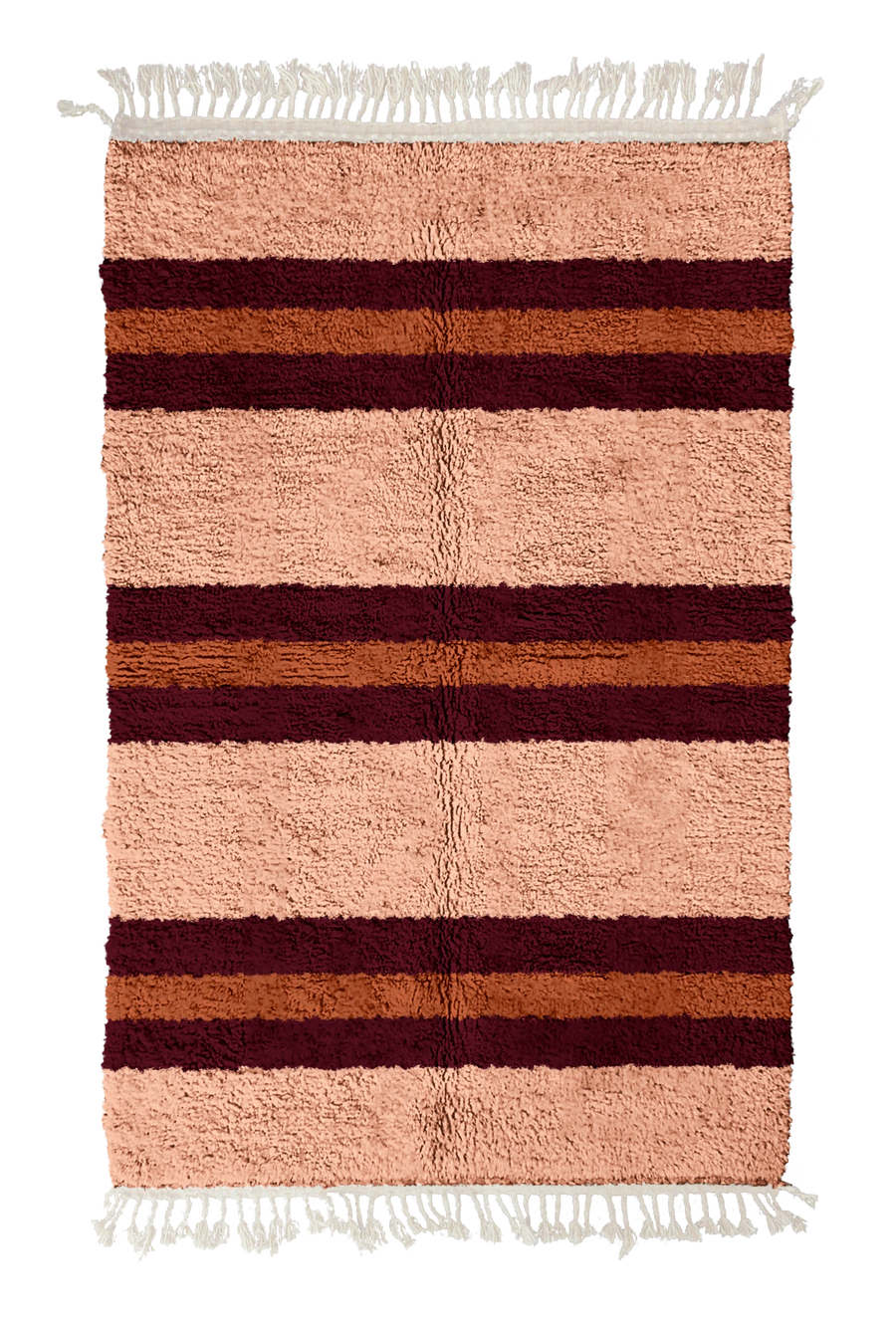 Trio Bands striped wool rug, oxblood red bands and terracotta stripes on blush pink, full view