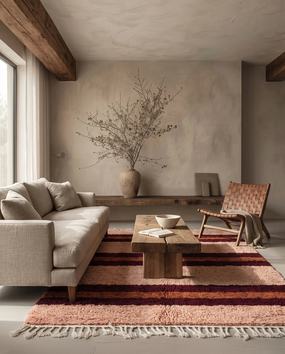 Burgundy, Terracotta and Blush Pink striped wool rug in a furnished room