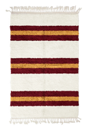 Trio Bands striped wool rug, burgundy bands and ochre yellow stripes on cream, full view