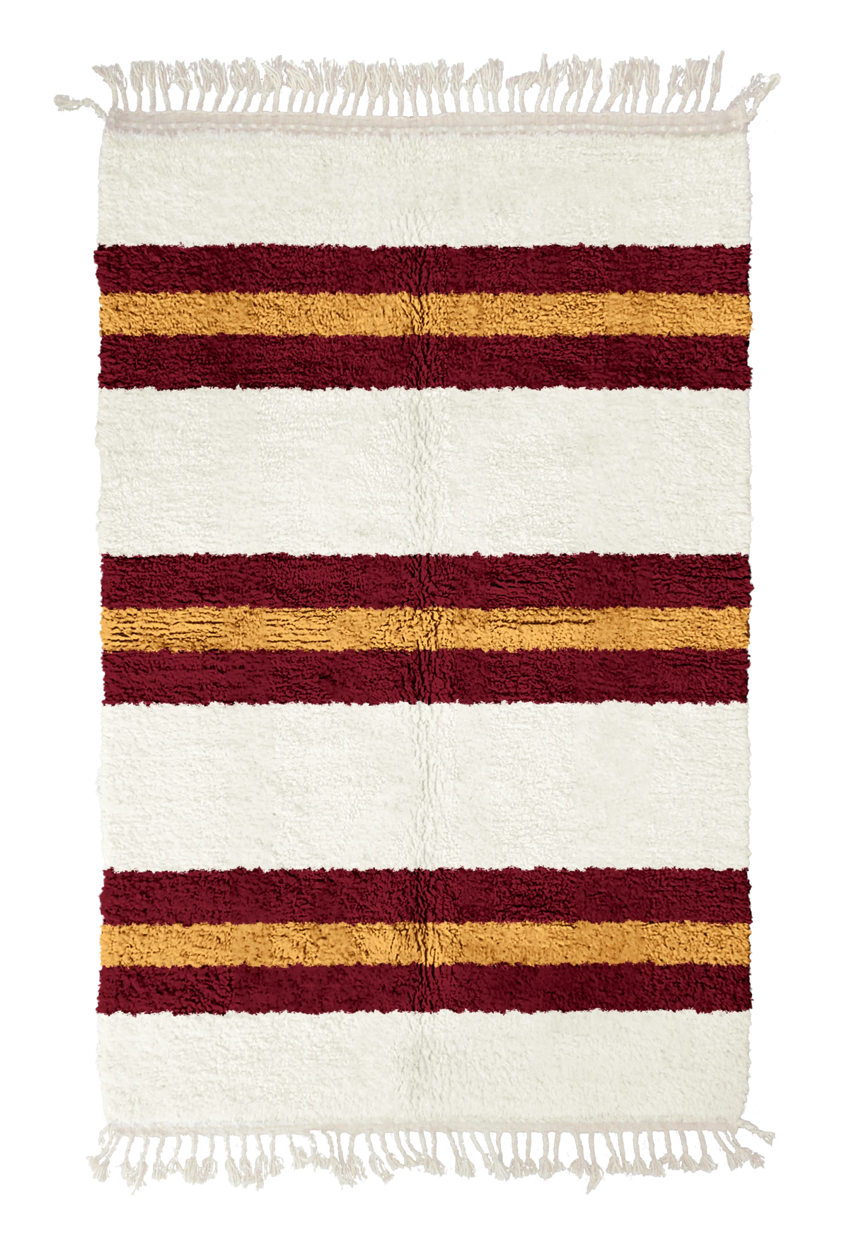 Trio Bands striped wool rug, burgundy bands and ochre yellow stripes on cream, full view