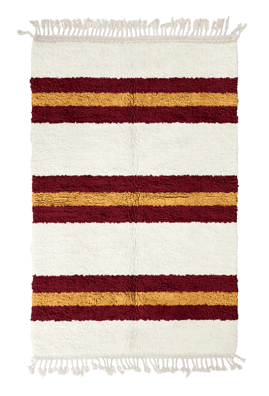 Trio Bands striped wool rug, burgundy bands and ochre yellow stripes on cream, full view